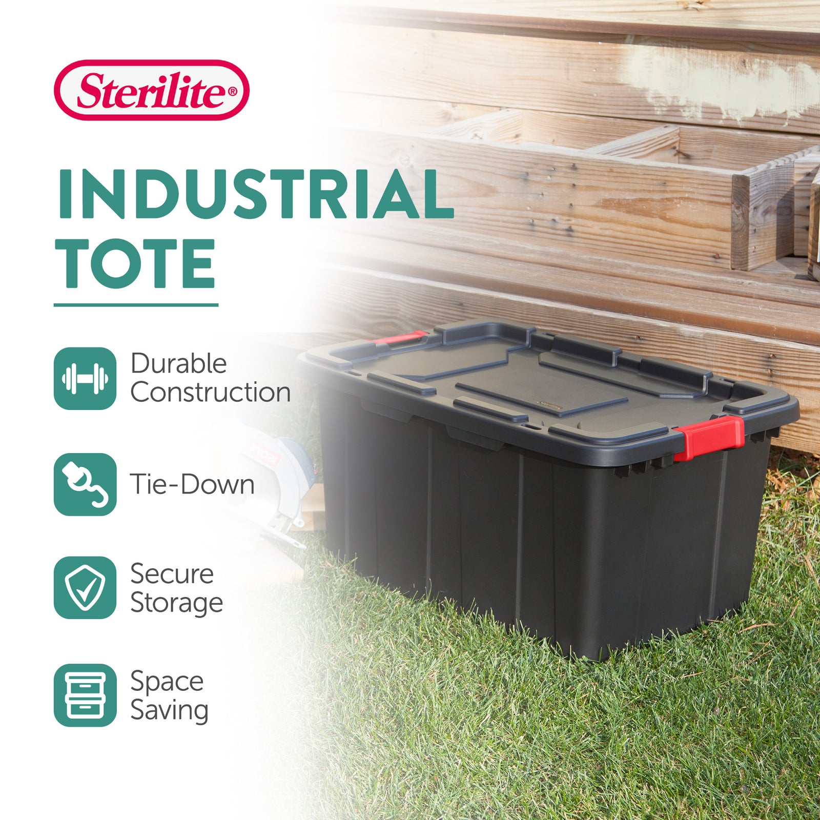 Sterilite 27 Gallon Durable Rugged Industrial Tote w/Red Latches, Black (8 Pack) - VMInnovations