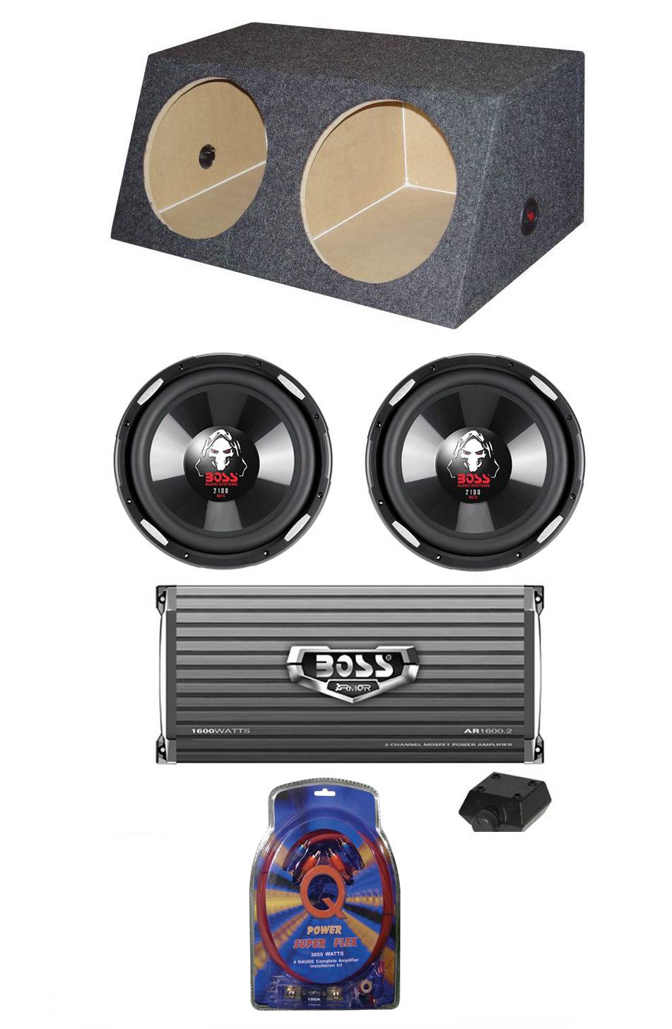 2) Boss P106DVC 10" 4200W Car Subs + Dual Angle Sub Box+1600W 2-Ch Amp + Amp Kit