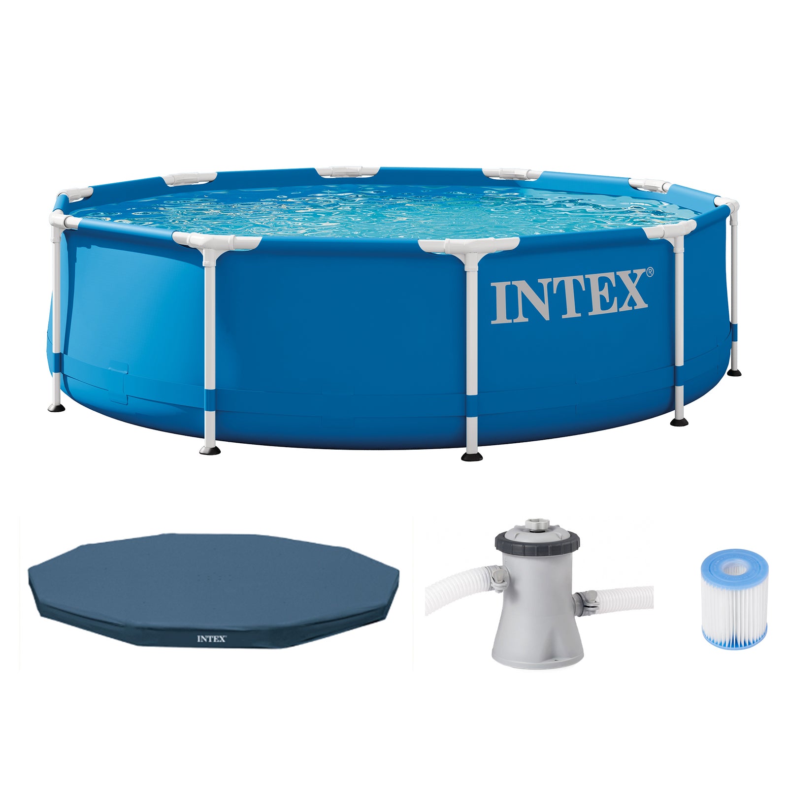 INTEX Metal Frame 10' x 30" Outdoor Swimming Pool with Filter Pump and Cover - VMInnovations