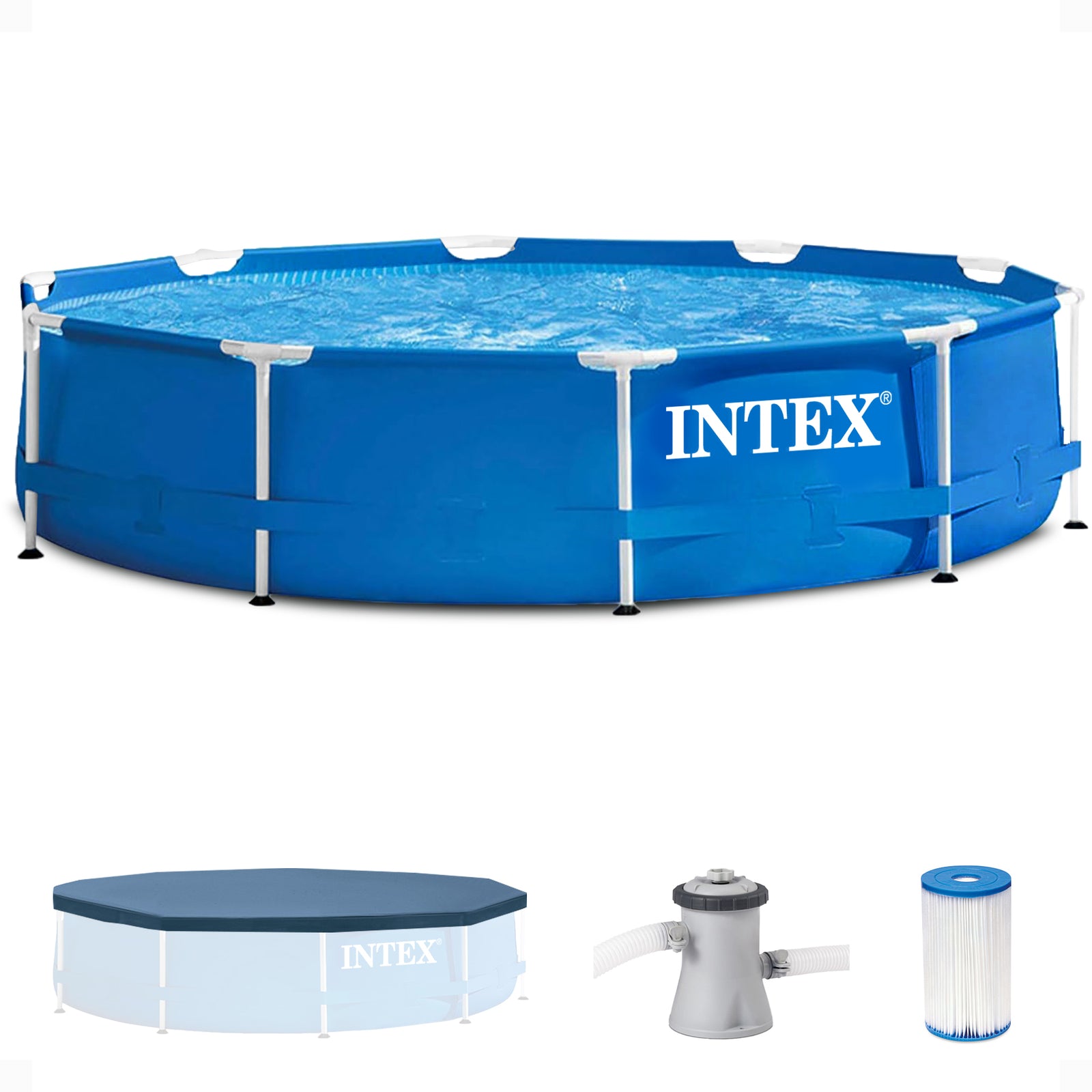 INTEX Metal Frame 10' x 30" Outdoor Swimming Pool with Filter Pump and Cover - VMInnovations