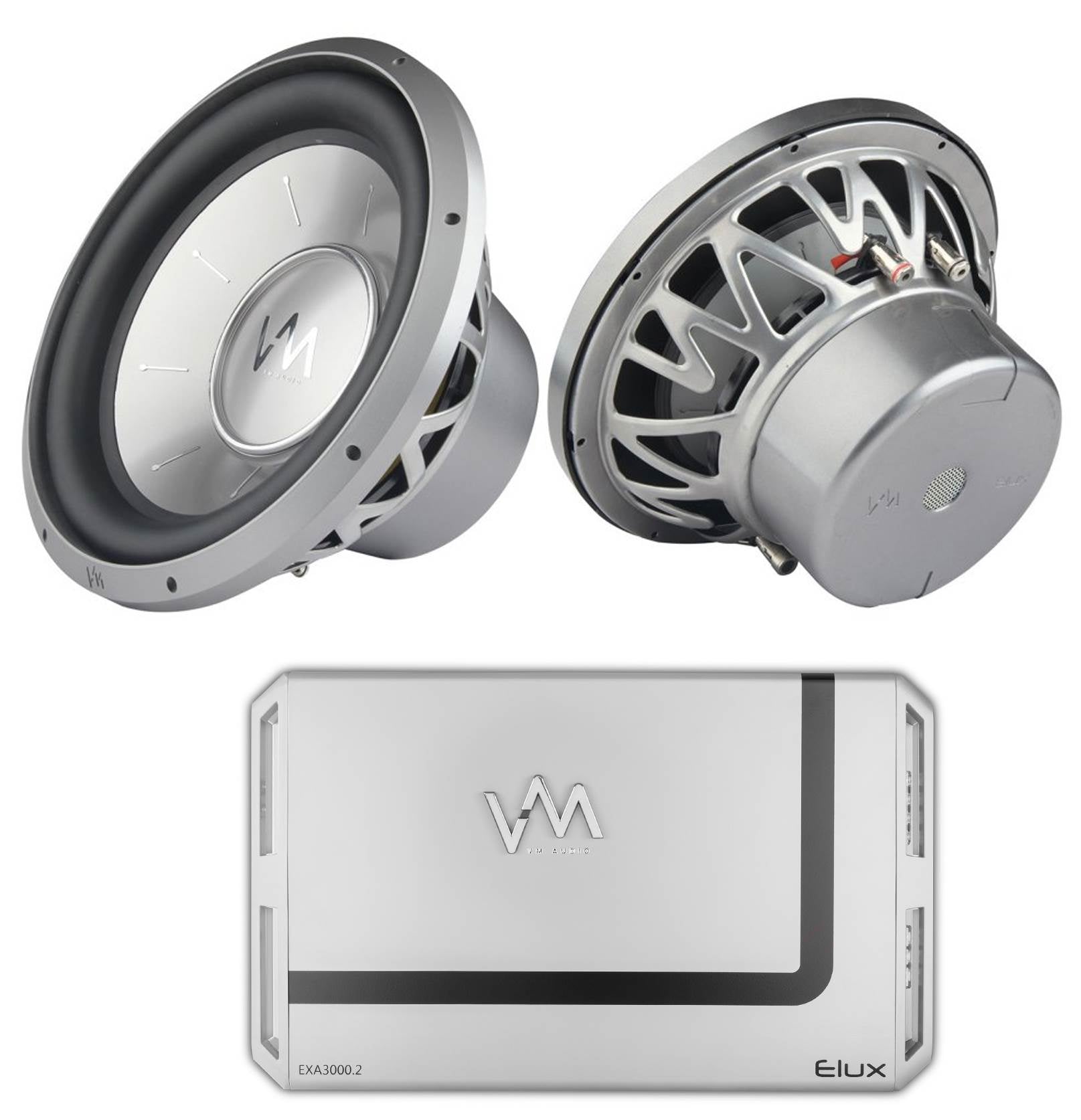 2) VM Audio EXW12 Elux 12" Car Subwoofers 4800W + EXA3000.2 3000W 2 Channel Amp
