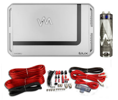 VM Audio EXA3000.2 3000W 2 Channel Amp + Red 4 Gauge Wiring Kit + 3.0 Capacitor