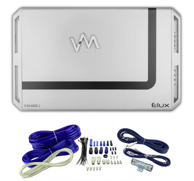 VM Audio 3000W 2 Channel Car Amp + Blue 4 Gauge Wiring Kit + 3.0 Farad Capacitor