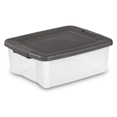 Sterilite 19368606 25 Qt. Shelf Tote Driftwood Lid Clear Base w/Platinum Latches