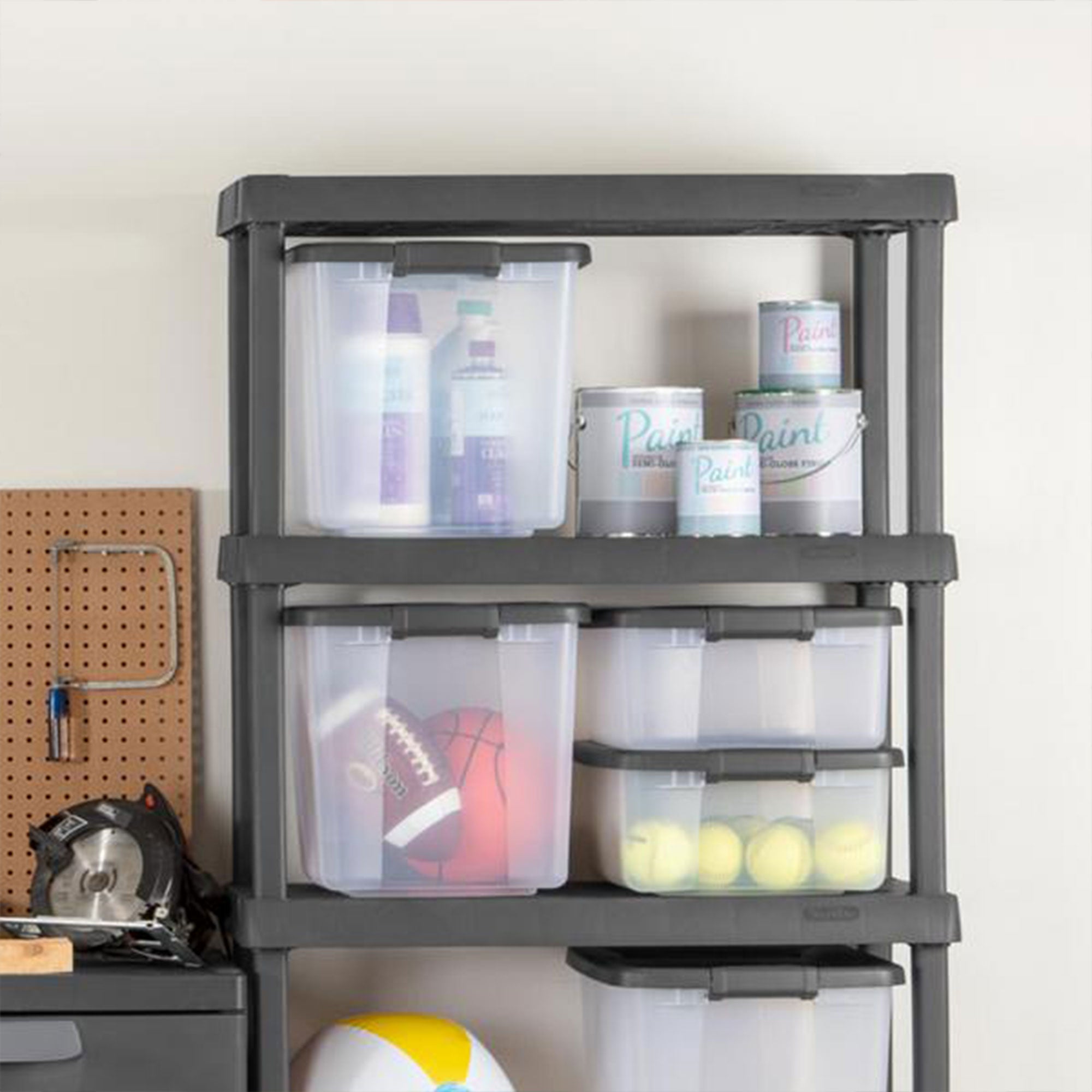 Sterilite 19368606 25 Qt. Shelf Tote Driftwood Lid Clear Base w/Platinum Latches