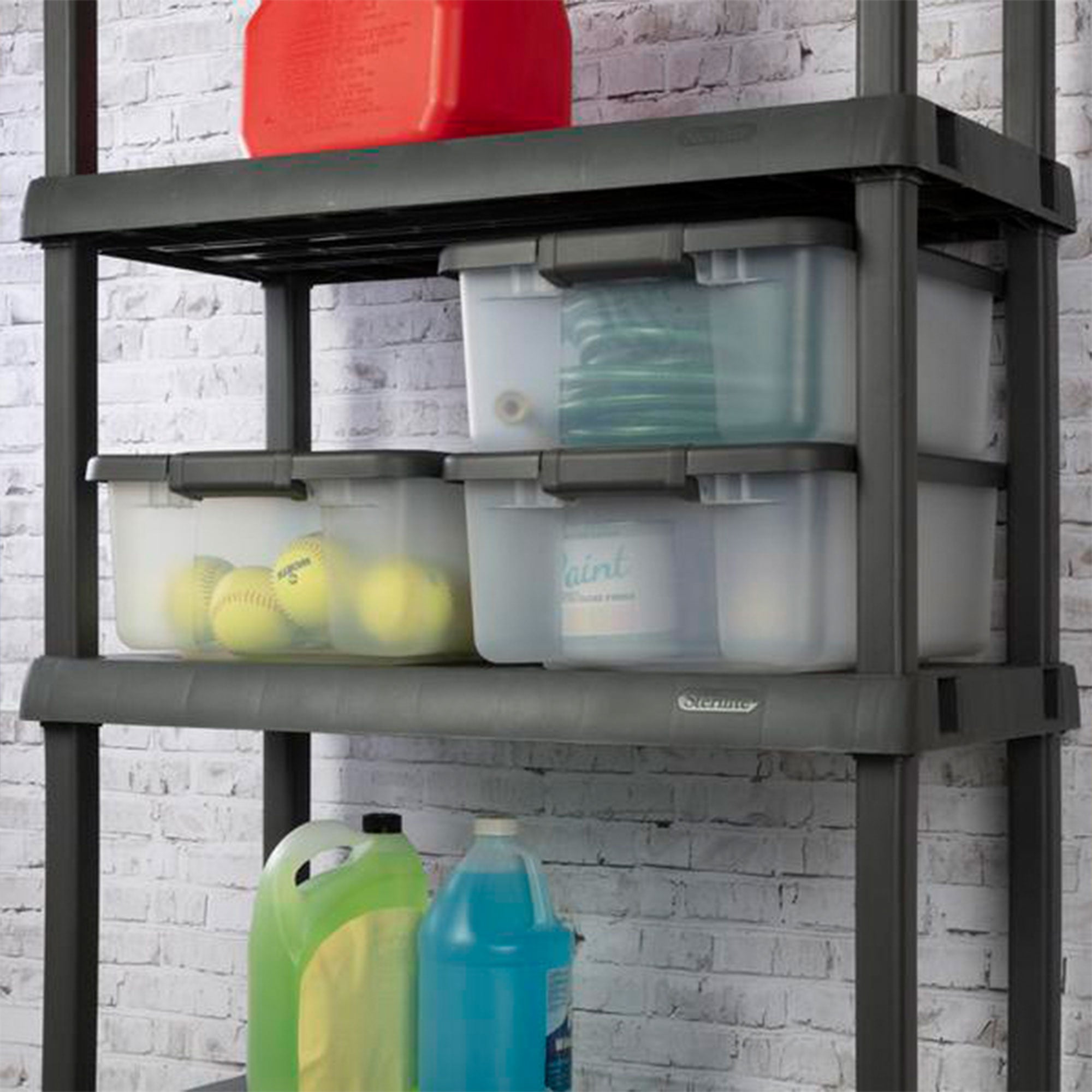 Sterilite 19368606 25 Qt. Shelf Tote Driftwood Lid Clear Base w/Platinum Latches