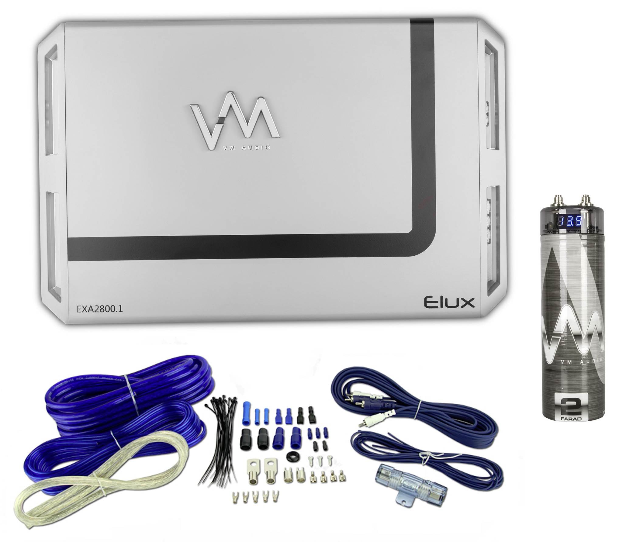 VM Audio EXA2800.1 2800W Mono Amplifier + 4 Gauge Blue Wiring Kit + 2F Capacitor