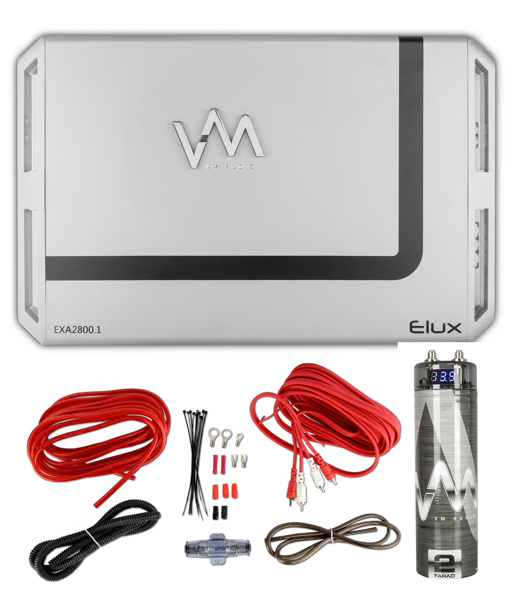 VM Audio EXA2800.1 2800W Mono Amplifier + 8 Gauge Red Wiring Kit + 2.0 Capacitor
