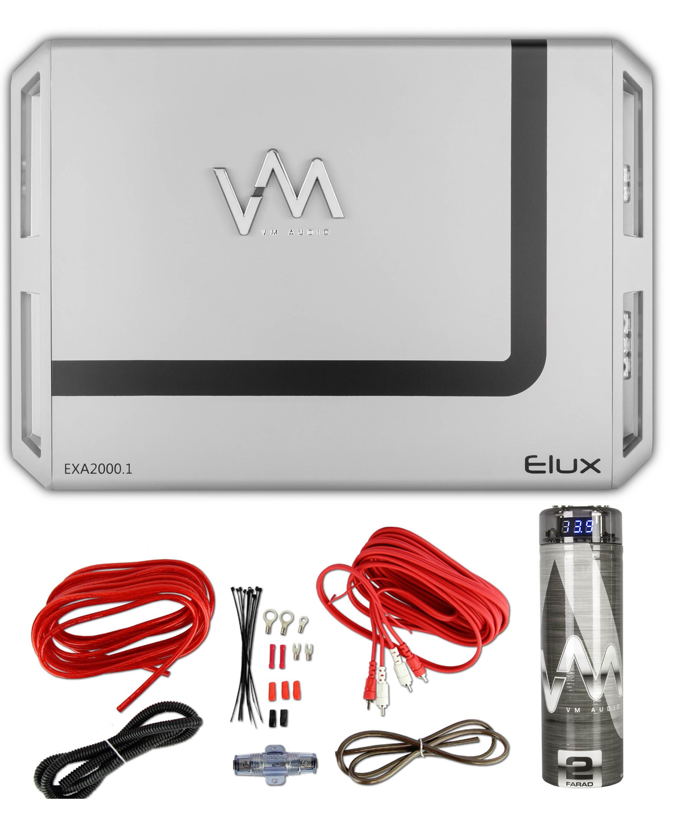 VM Audio EXA2000.1 2000W Mono Amplifier + 8 Gauge Red Wiring Kit + 2.0 Capacitor