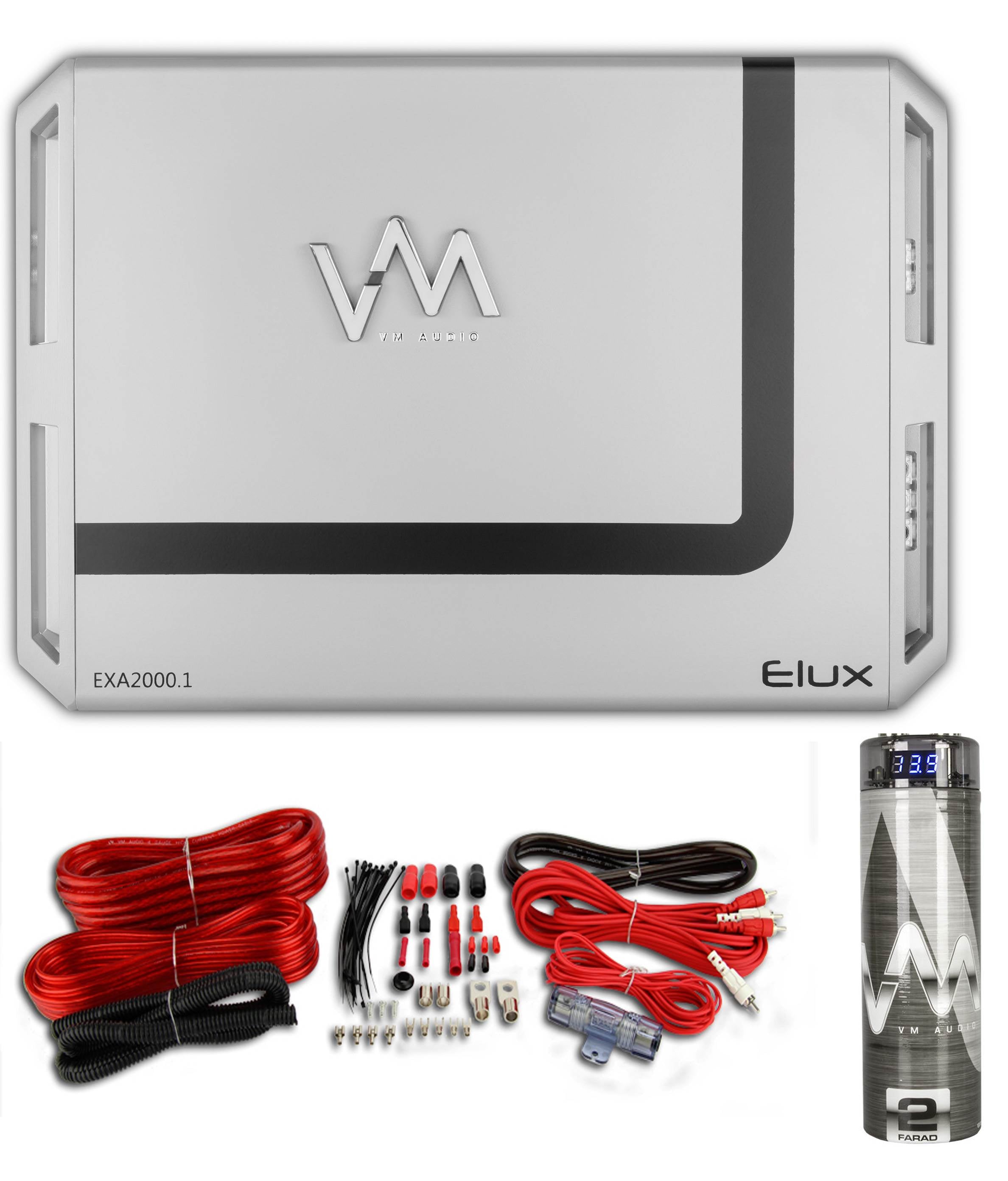 VM Audio EXA2000.1 2000W Mono Amplifier + Red 4 Gauge Wiring Kit + 2.0 Capacitor