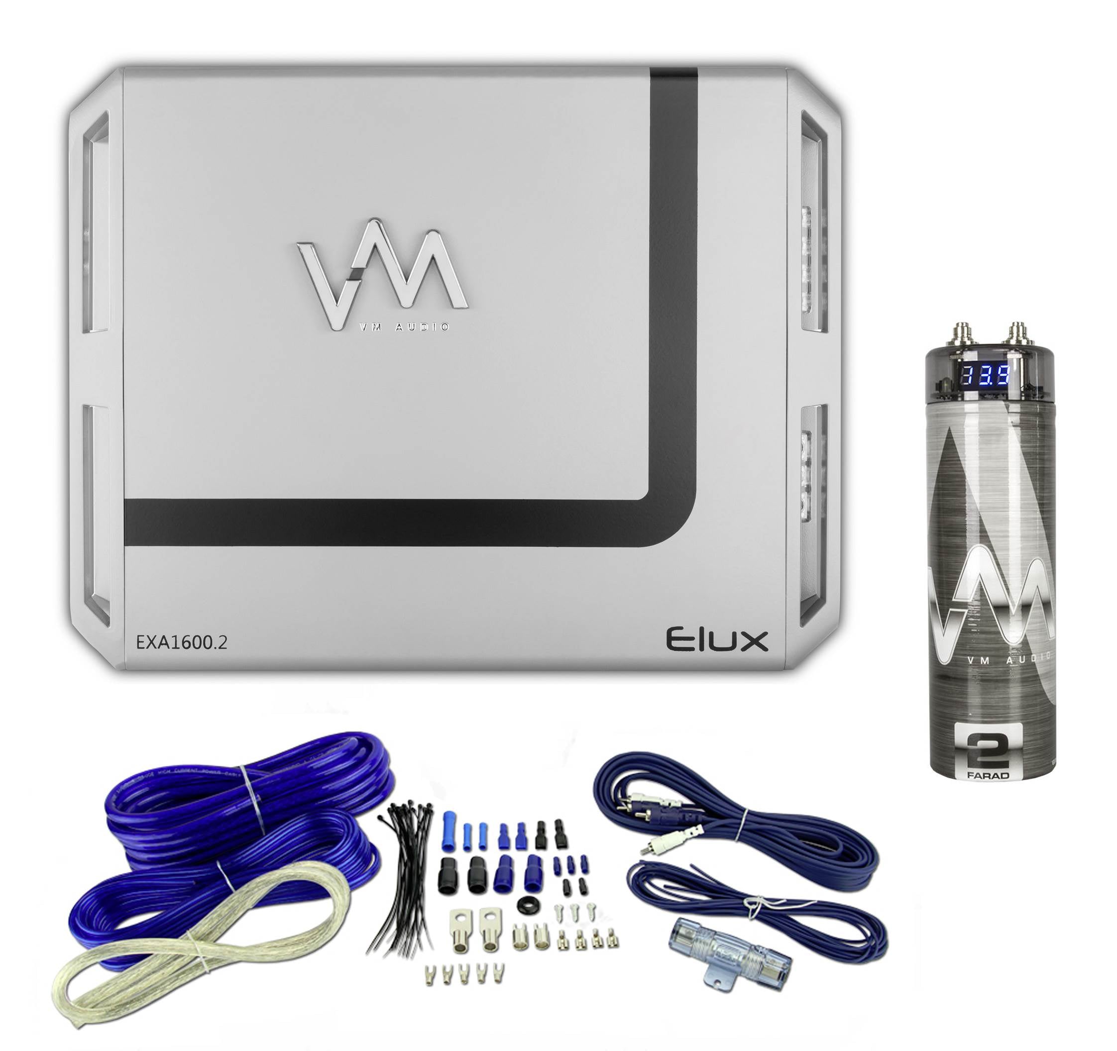 New VM Audio EXA1600.2 1600W 2 Channel Amp + Blue 4 Gauge Wiring Kit + Capacitor