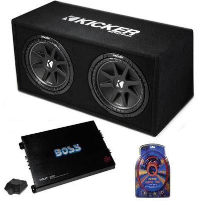 Kicker 12" 600W Car Subwoofer Enclosure and Boss Mono Amplifier w/ Wiring Kit