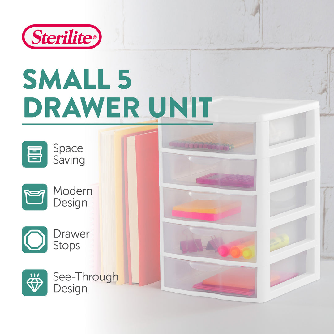 Sterilite Clearview Small Plastic 5 Drawer Desktop Storage System, 4 Pack, White