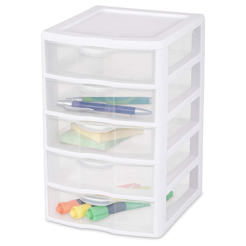 Sterilite Clearview Small Plastic 5 Drawer Desktop Storage System, White, 4 Pack - VMInnovations