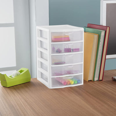 Sterilite Clearview Small Plastic 5 Drawer Desktop Storage System, White, 4 Pack - VMInnovations