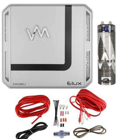 VM Audio Elux EXA1000.2 1000W 2 Channel Amp + 8 Gauge Red Wiring Kit + Capacitor