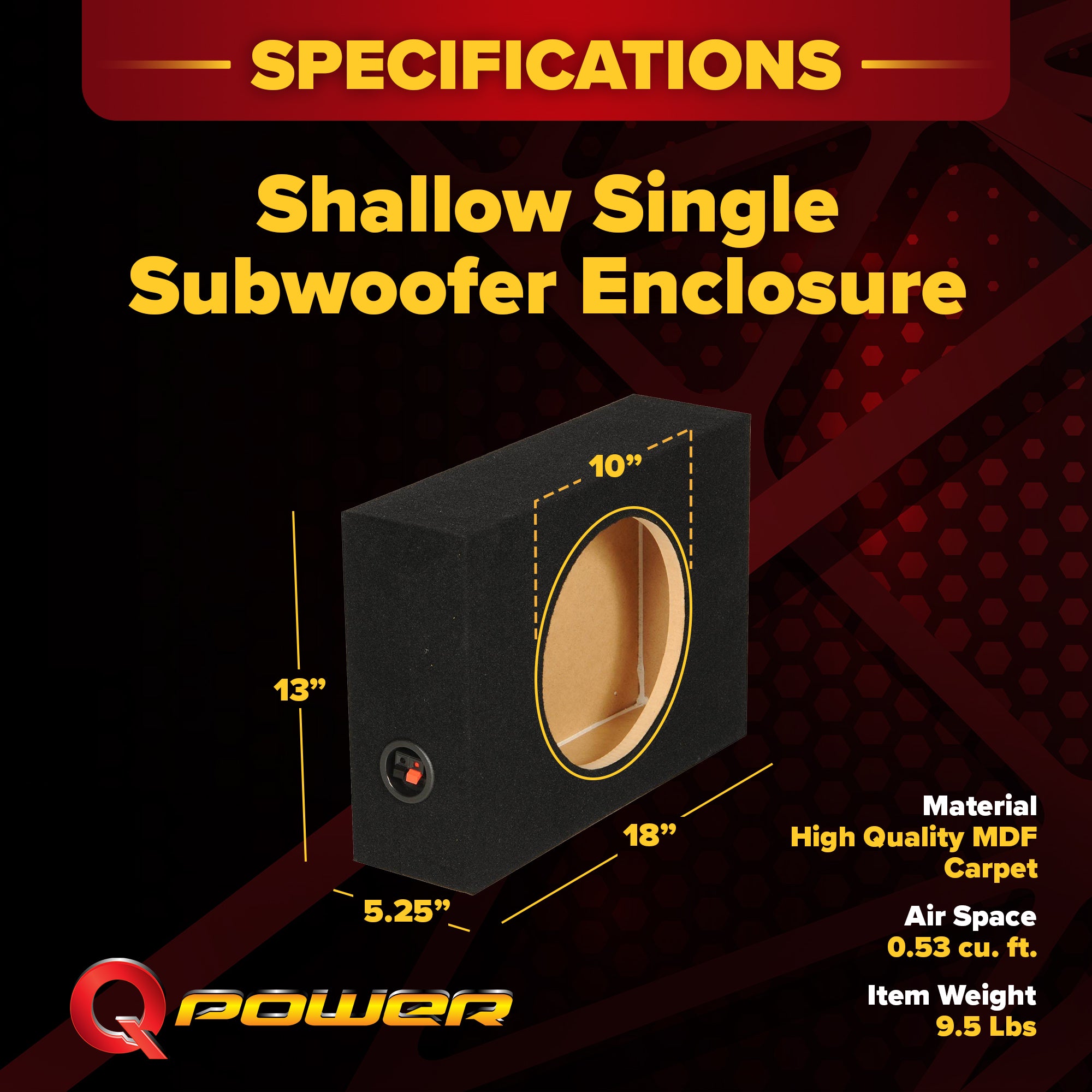 QPower Shallow Single 10" Sealed Truck Subwoofer Speaker Box, 18" x 13" x 5.25" - VMInnovations