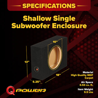 QPower Shallow Single 10" Sealed Truck Subwoofer Speaker Box, 18" x 13" x 5.25" - VMInnovations