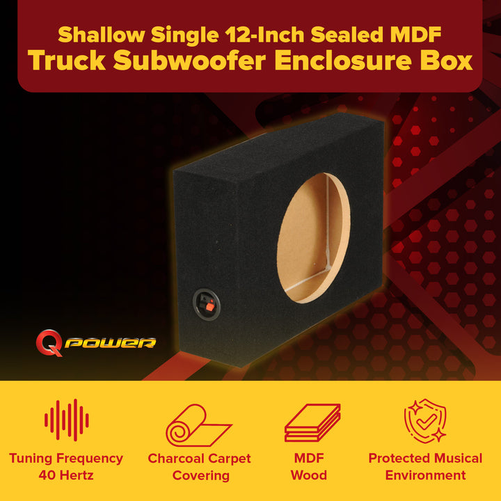 Q Power Shallow Single 12 In Sealed MDF Truck Subwoofer Enclosure Box (Open Box) - VMInnovations