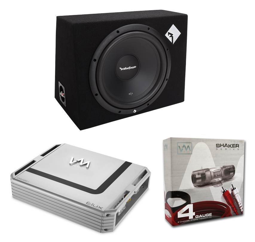 Rockford Fosgate R1-1X12 12" 400W Car Subwoofer + Sub Box + 1600W Amp + Amp Kit