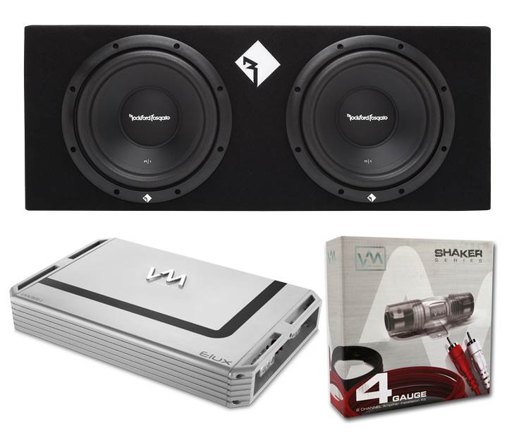 Rockford Fosgate R1-2X10 10" 800W Dual Subwoofer + Sub Box + 2800W Amp + Amp Kit