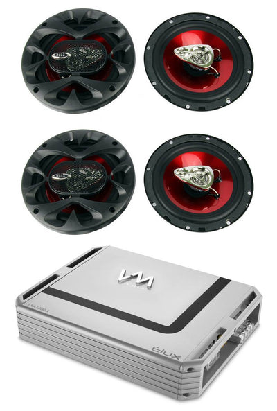 4) Boss CH6530 6.5" 3-Way 600W Car Coaxial Speakers + 1300W 4 Channel Amplifier
