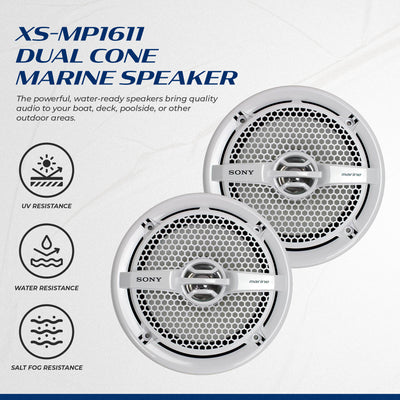 Sony XS-MP1611 6.5 Inch 140 Watt Dual Cone Design Marine Speakers Stereo White