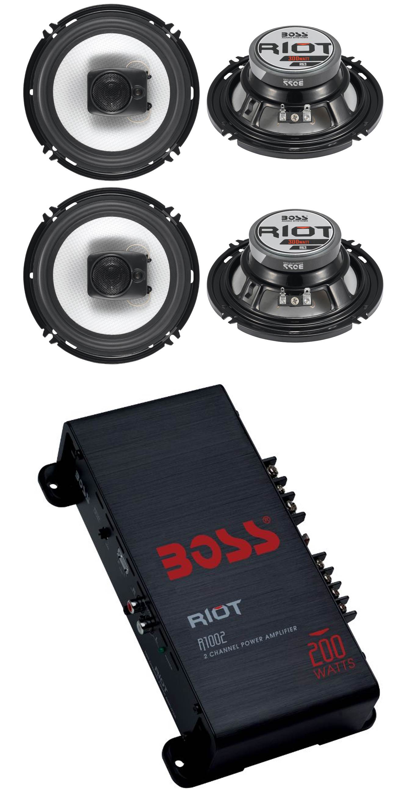4) Boss R63 6.5" 300W 3 Way Coaxial Speakers +R1002 200W 2 Channel Amplifier Amp - VMInnovations