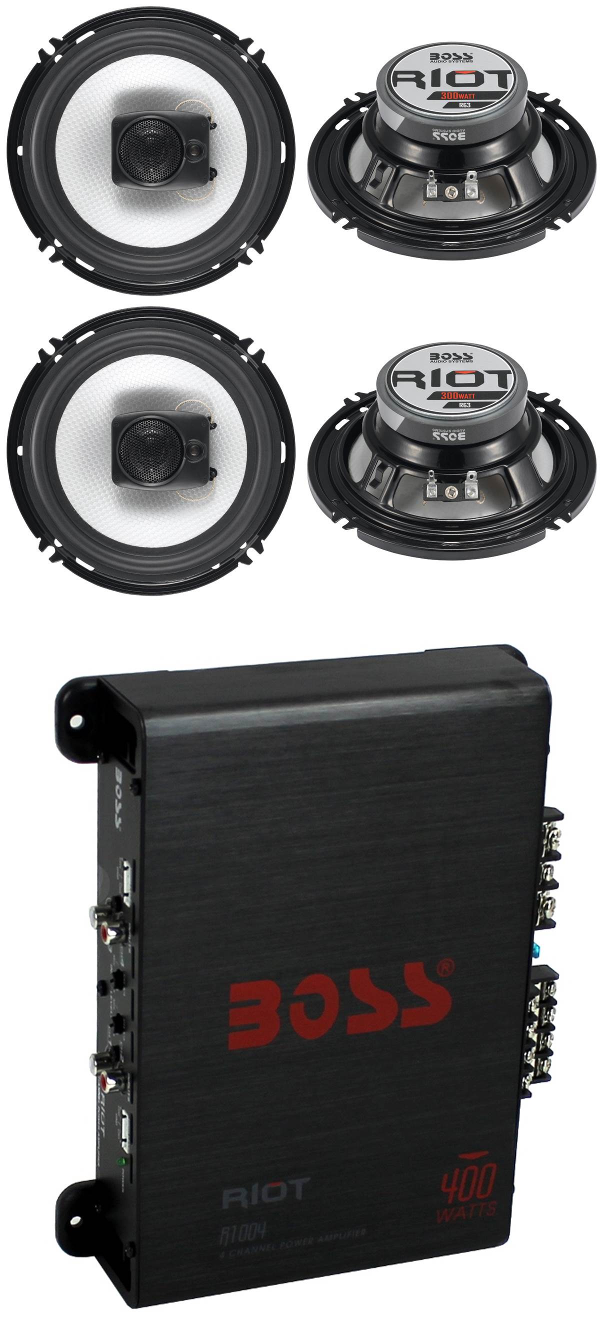 (4) Boss R63 6.5" 300W 3 Way Coaxial Speakers + R1004 400W 4 Channel Amplifier
