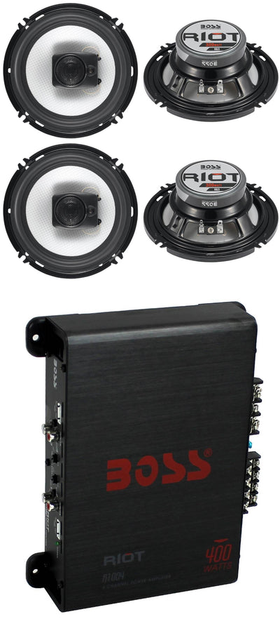 (4) Boss R63 6.5" 300W 3 Way Coaxial Speakers + R1004 400W 4 Channel Amplifier