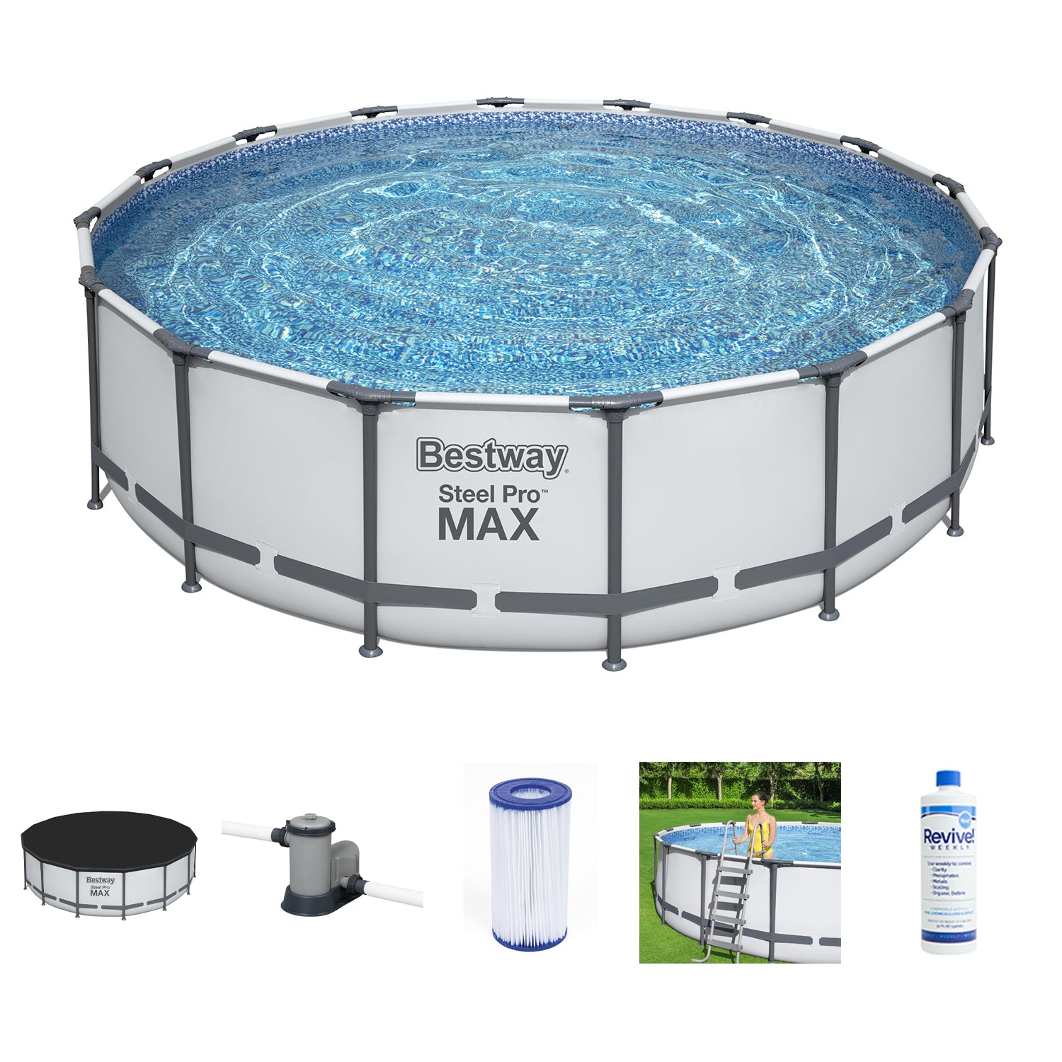 Bestway Steel Pro MAX 16'x4' Pool and Accessories w/ API Revive! Treatment, 32oz