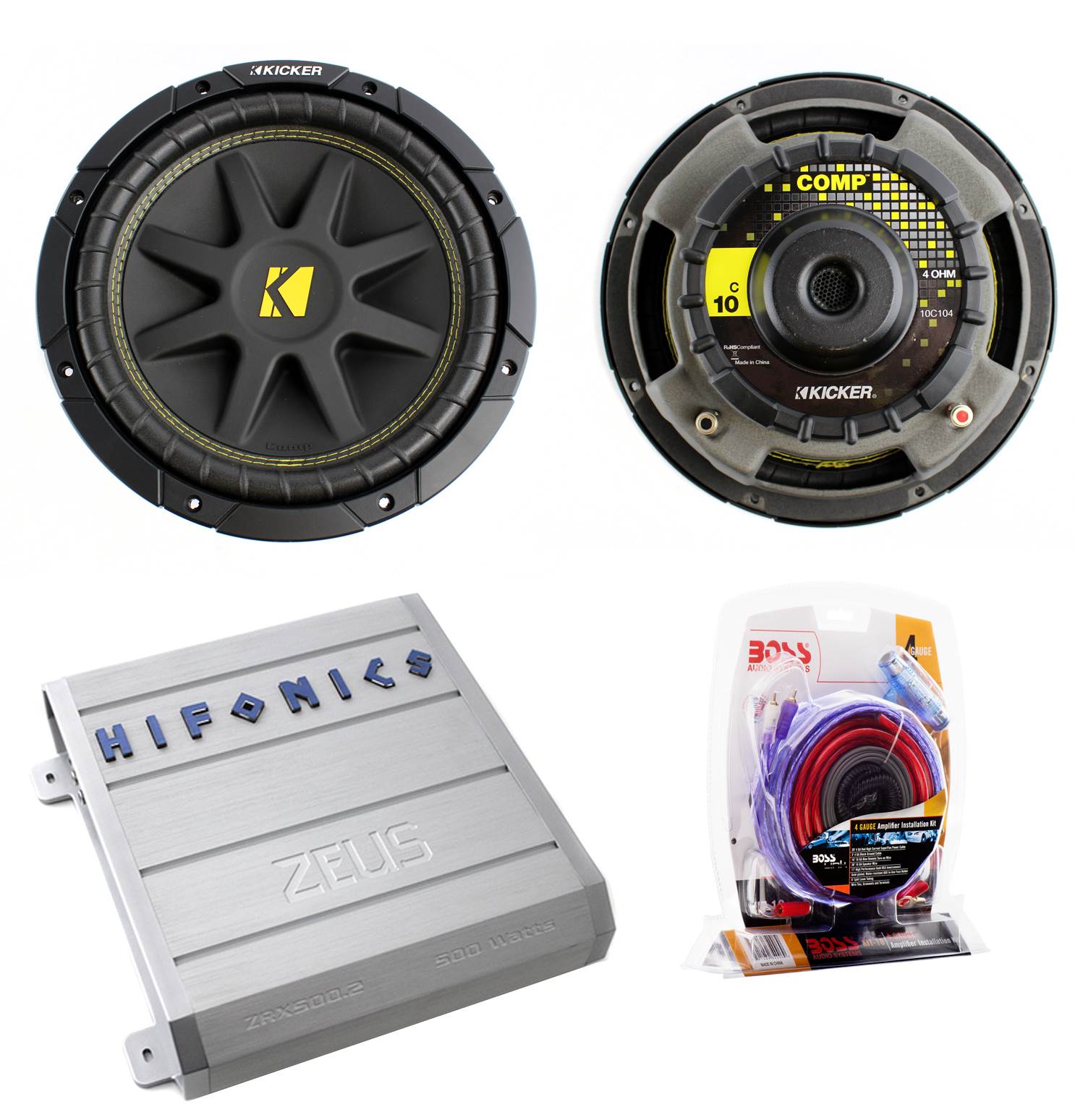 2) KICKER 10C104 Comp 10" 600 Watt 4 Ohm Car Subwoofers+2 Channel Amp+Amp Kit