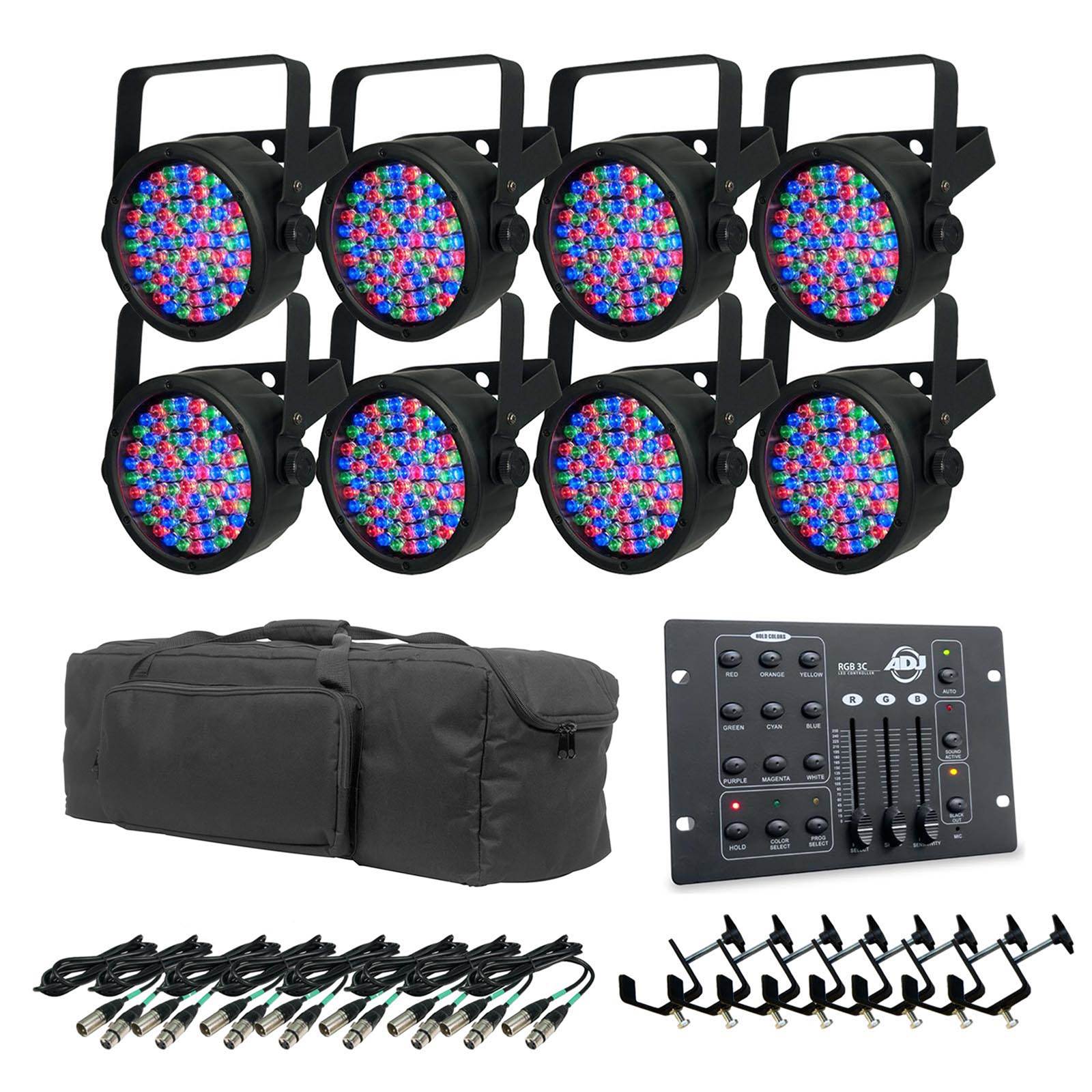Chauvet SlimPar 38 LED Pro DJ RGB Lights (8) + ADJ RGB3C Controller + Travel Bag