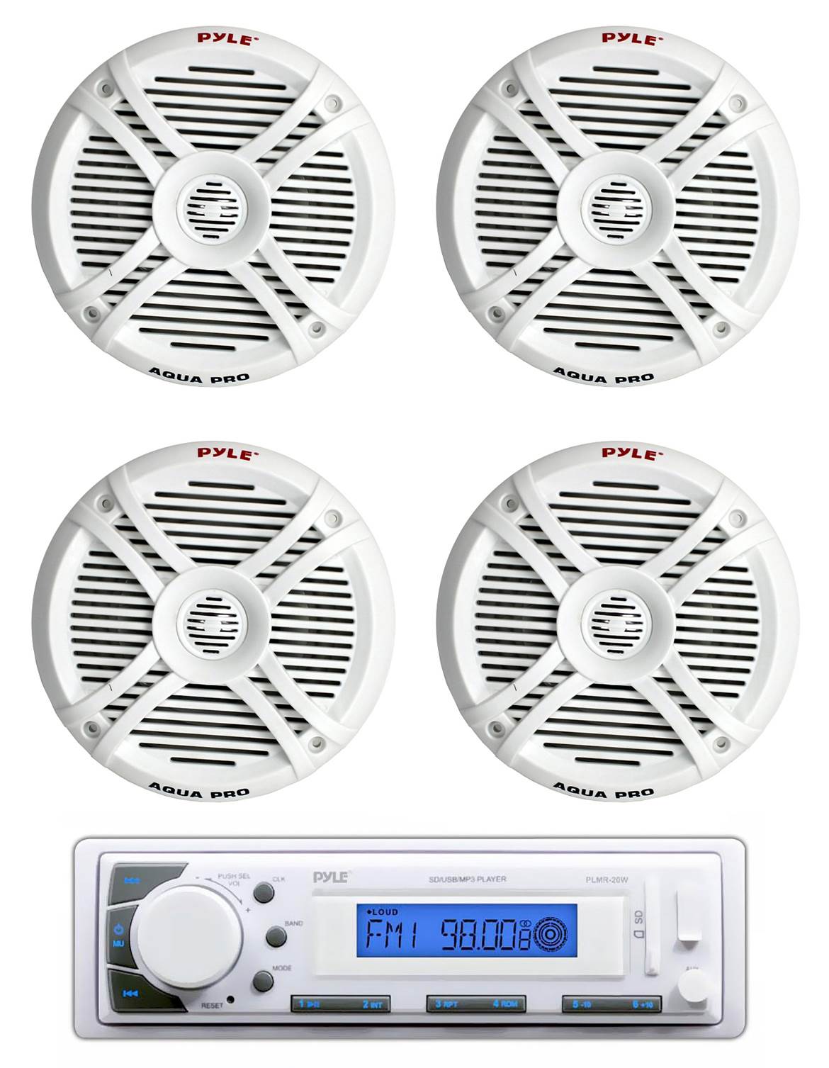 4) Pyle PLMRX67 6.5" 500W 2 Way Marine Speakers + PLMR20W In-Dash MP3 Receiver