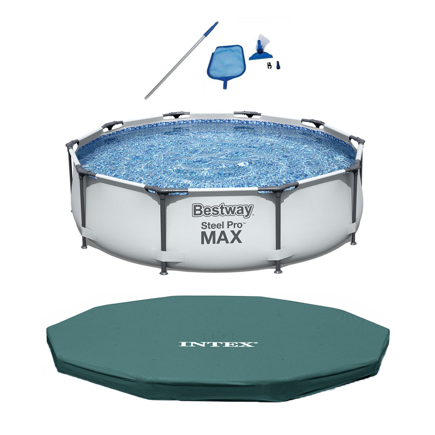 Bestway 10' x 30" Steel Pro Above Ground Pool Bundle w/ Cleaning Kit & Cover