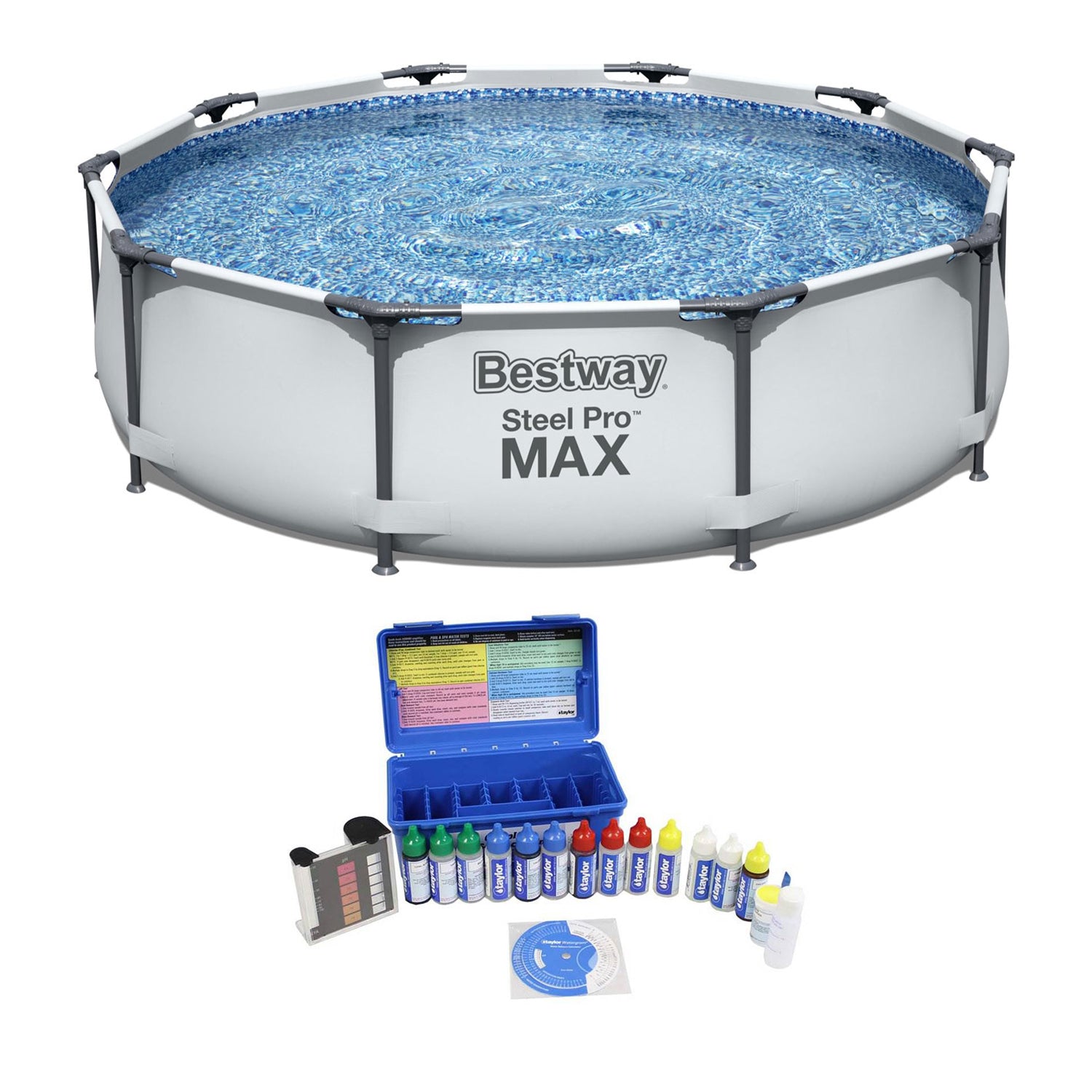 Bestway 10ft x 10ft x 25ft Steel Pro Round Family Swimming Pool & Water Test Kit - VMInnovations