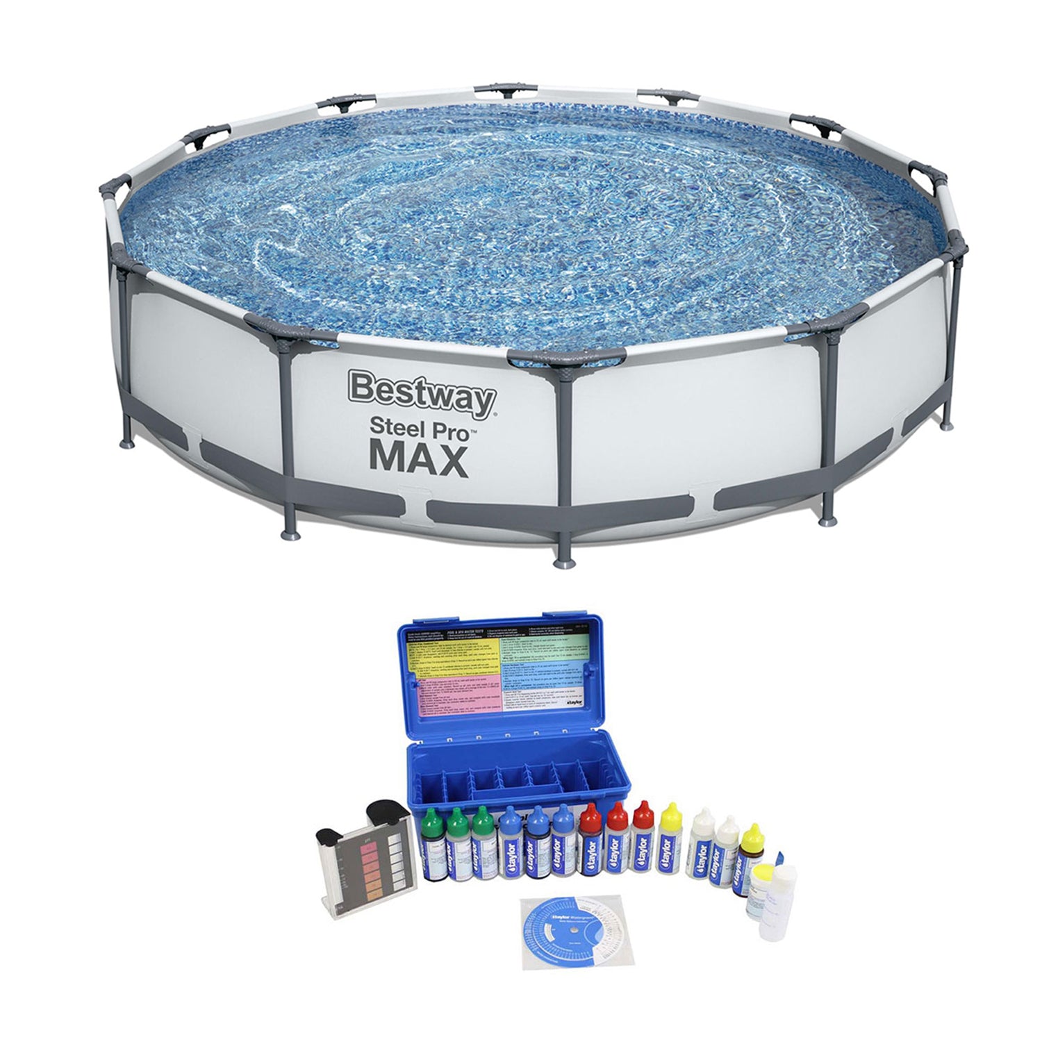 Bestway 12 x 12 Foot Steel Frame Pool and Chlorine pH Alkaline Water Test Kit - VMInnovations