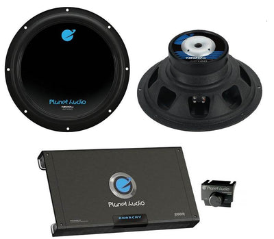 2) Planet Audio AC12D 12" 3600W Subwoofers + 2600W 2-Channel Amplifier + Amp Kit