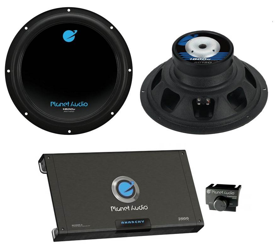 2) Planet Audio AC12D 12" 3600W Subwoofers + 2600W 2-Channel Amplifier + Amp Kit