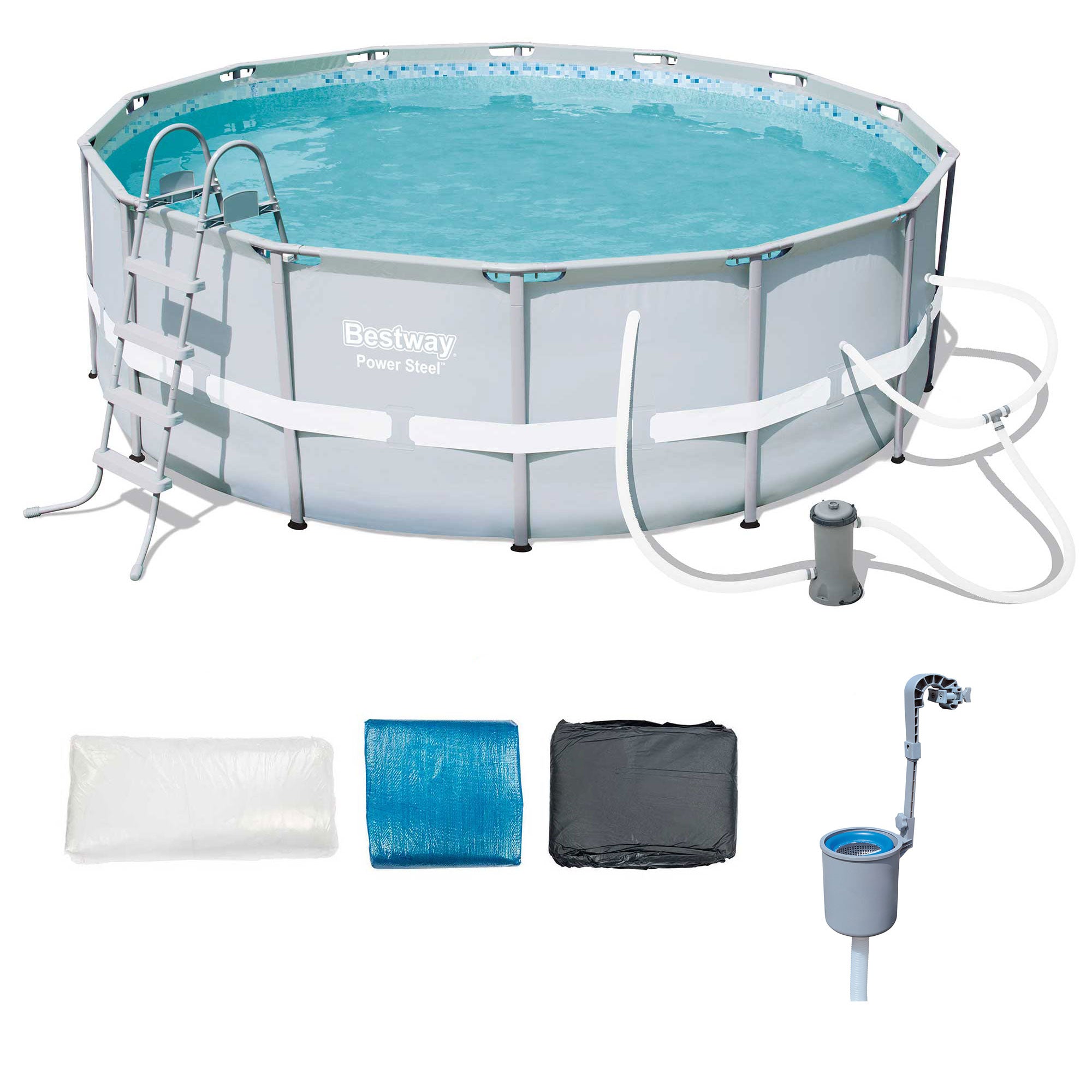 Bestway 14ft x 48in Power Steel Frame Above Ground Round Pool Set and Skimmer