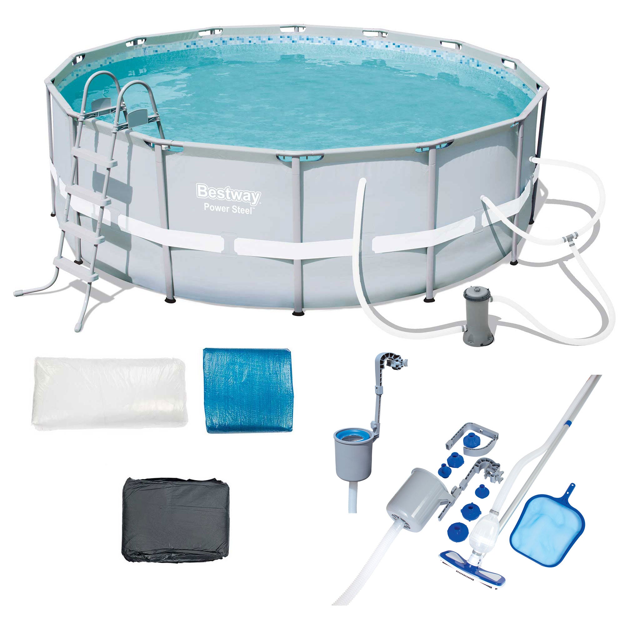 Bestway 14' x 48" Power Steel Frame Above Ground Round Pool Set and Accessories