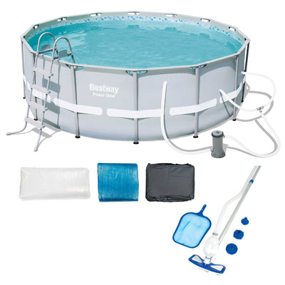 Bestway 14ft x 48in Power Steel Frame Above Ground Round Pool Set & Accessories