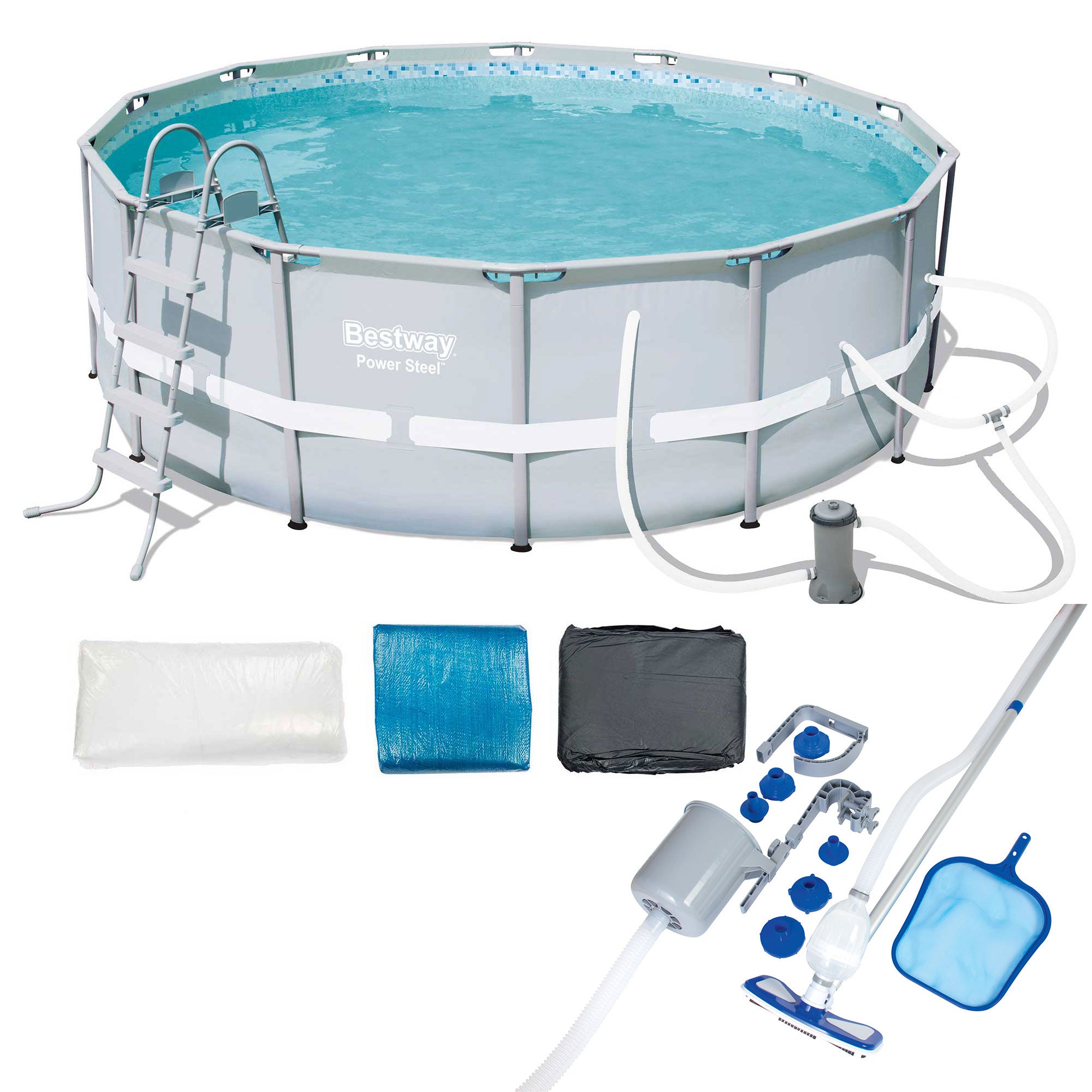 Bestway 14ft x 48in Power Steel Frame Above Ground Round Pool Set & Accessories