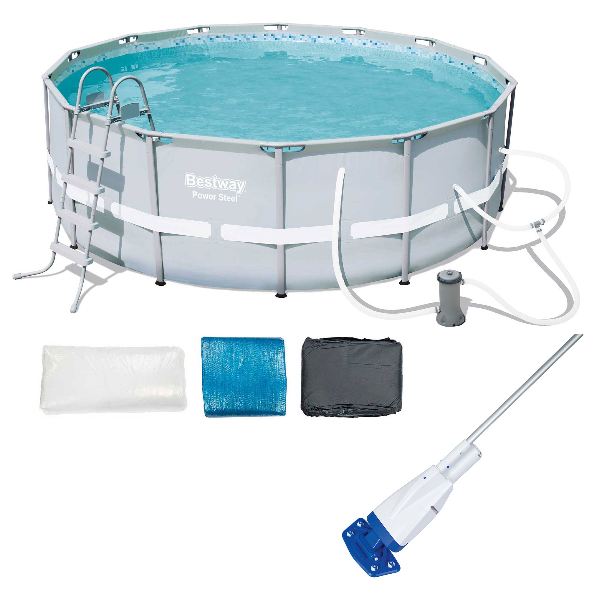 Bestway 14ft x 48in Power Steel Frame Above Ground Round Pool Set and Vacuum