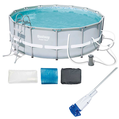 Bestway 14ft x 48in Power Steel Frame Above Ground Round Pool Set and Vacuum