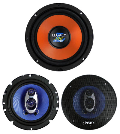 Legacy LWF8X 8" 300W Car Audio Subwoofer + 2) PL63BL 6.5" 360W 3-Way Speakers