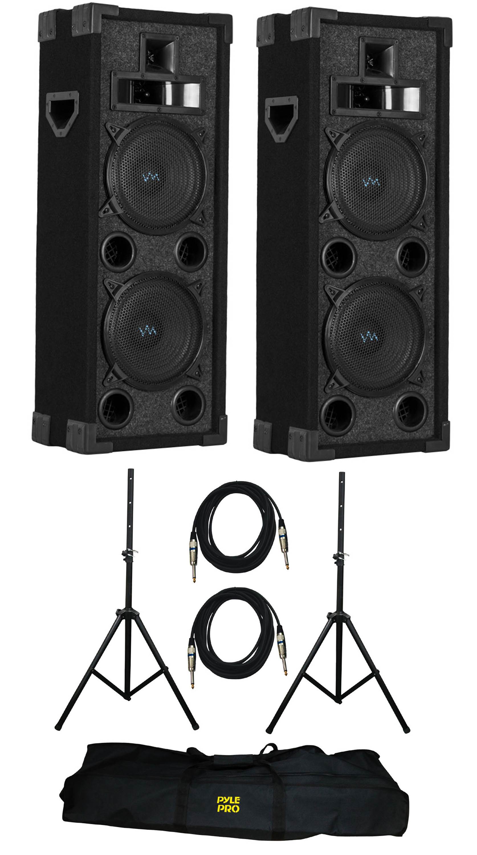VM Audio VAS4210P 2200W 4-Way Dual 10" DJ Loud Speakers + Cables & Tripod Poles