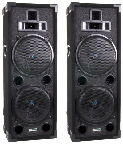 2) VM Audio VAS4212P 3600W 4-Way Dual 12" DJ Loud Speakers + Cables & Tripods