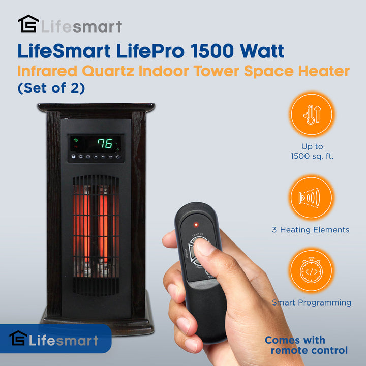 LifeSmart LifePro 1500W Infrared Quartz Indoor Tower Space Heater, Black (2 Pk)