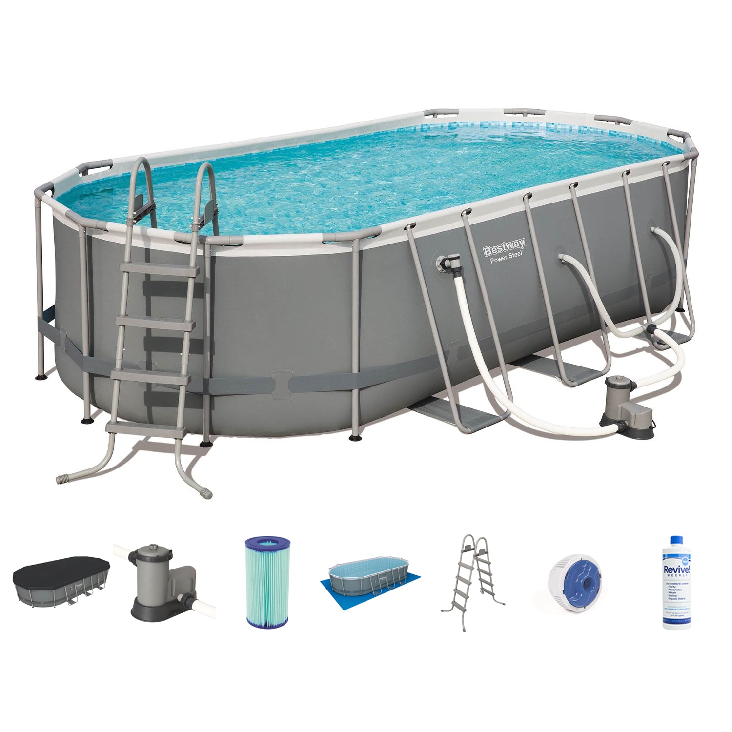 Bestway Power Steel 18'x9'x48" Pool Set with Pump and API Pool Treatment, 32oz
